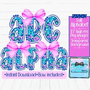 Laços florais elegantes e extravagantes, alfabeto PNG | Rosa azul personalizado | Camisetas de verão para presente |