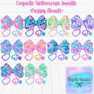 Lot de cliparts floraux BCBG avec noeud de stéthoscope | Coquette Infirmière Santé | Cadeaux T-shirts |
