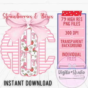 Coquette aux fraises Noeud festonné Monogramme PNG | Rayures BCBG | Été Printemps | Téléchargement numérique | Cadeaux Chemises | Alpha complète |