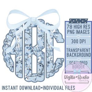 Conception PNG monogramme festonné coquette florale bleue | Fille preppy du sud | Été Printemps | Téléchargement numérique | Cadeaux Chemises | Alpha complète |