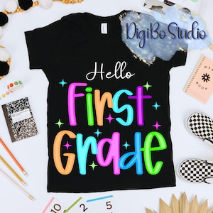 Preppy-Neon Bonjour Première année PNG | Retour à l'école | Premier jour d'école | Sublimation de cadeaux fluorescents
