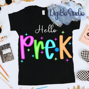 Preppy-Neon Hello Pre•K PNG / Ritorno a scuola / Primo giorno di scuola / Regali fluorescenti a sublimazione
