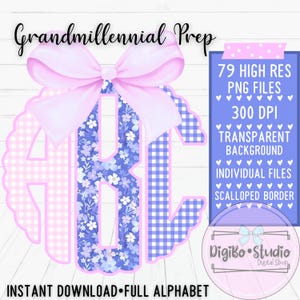 Coquette grand-millénaire floral preppy noeud festonné monogramme PNG |  Téléchargement numérique | Cadeaux Chemises | Alpha complète |