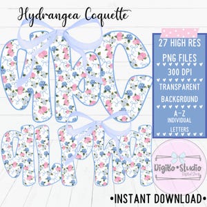 Lazo de hortensia, lazo de coqueta, alfabeto completo PNG / Alfabeto floral Grandmillennial / Chica preppy / Descarga digital / Regalos, camisetas / Día de la Madre