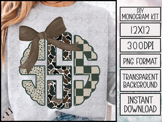 Preppy Camo Mix Scalloped Monogram Kit | Diy | Spots Checkered | Army Green | Coquette Bow | Hunting Season | PNG SVG | Tshirts Gifts