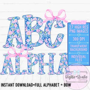 Roze rozen coquette strik volledig alfabet png | Grandmillennial blauw bloemen alfa | Preppy girly | Digitale download | Cadeaushirts | Mam