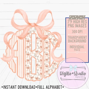 Monogramme festonné | Toile chinoiserie florale pêche | Noeud coquette BCBG | Châteaucore | PNG| Téléchargement numérique | Cadeaux Chemises | Alpha complète