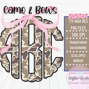 Laço Coquete Camuflado Preppy Monograma Recortado | Design PNG | Download Digital | Camisetas Presente | Alfa Completo | Caça Camuflada