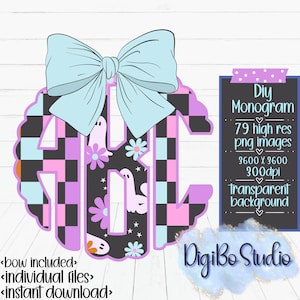 Kit monogramma smerlato di Halloween per ragazze / Fiocco Coquette fai da te / Carine margherite fantasma / Download digitale a scacchi / Magliette regalo /