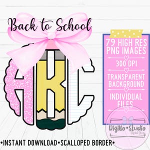 Preppy Back To School Coquette Bow geschulpt monogram PNG-ontwerp | Schoolbenodigdheden | Digitale download | Cadeaushirts | Volledige alfa |