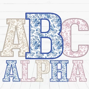 Lot de fausses broderies d'alphabet de Chinoiserie universitaire | Toile bleu beige rose | Alpha personnalisée | Cadeaux chemises | Numérique | Résumé