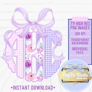 Monogramme festonné | Floral rose pourpre | Noeud coquette preppy grand-millénaire | PNG | Téléchargement numérique | Cadeaux Chemises | Alpha complète