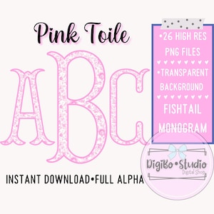 Letras PNG de monograma de cola de pez de toile rosa / Alfabeto completo / Descarga digital preppy femenina / Regalos y camisetas /