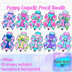Paquete de lápices con diseño floral preppy y coqueta, imágenes prediseñadas PNG, lazos, útiles escolares, camisetas y regalos.