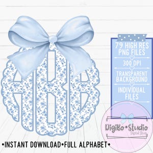 Monogramme festonné | Toile chinoiserie florale bleue | Noeud coquette BCBG | PNG| Téléchargement numérique | Cadeaux Chemises | Alpha complète |