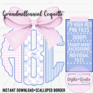 Coquette grand-millénaire noeud festonné monogramme PNG | Vichy preppy | Été | Téléchargement numérique | Cadeaux Chemises | Alpha complète |