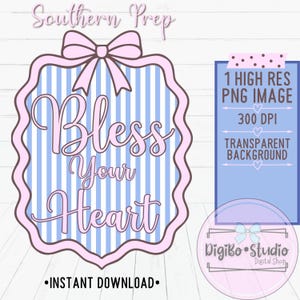 Bless Your Heart Coquette-striklijst, png | Zuiderse preppy girly | Blauwe strepen roze | Digitale cadeau-T-shirts | Zomer lente