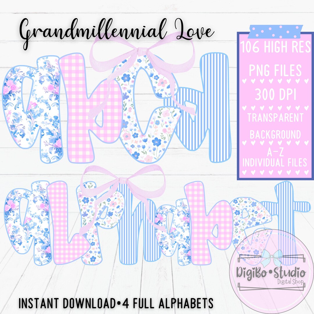 Grandmillennial Floral Coquette Bow Full Alphabet PNG | Preppy Girly ...