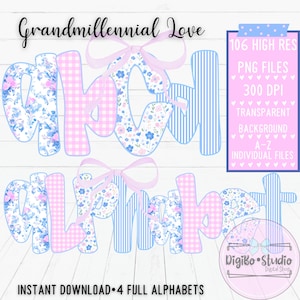 Grandmillennial Floral Coquette Bogen vollständiges Alphabet PNG | Adretter Girly | Vichy Karo Streifen | Digitaler Download | Geschenke Shirts | Muttertag