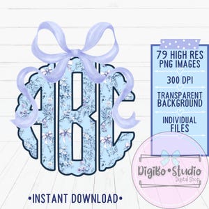 Coquette grand-millénaire noeud festonné monogramme PNG | Toile bleu violet | Téléchargement numérique | Cadeaux Chemises | Alpha complète |
