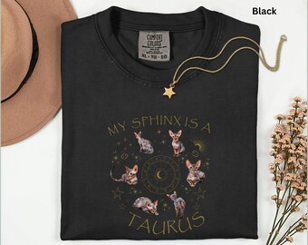 Zodiac Cat T-Shirt Comfort Colors, Sphinx Cat Astrology Shirt, Custom Star Sign Tee, Cat Lover Gift, Personalized Horoscope Top