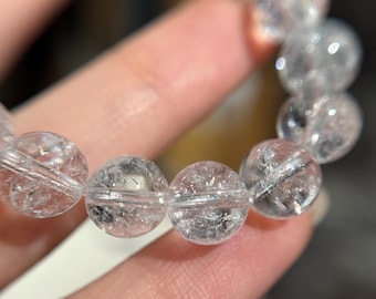 AAAA+ Satyaloka Clear Quartz Bracelet with Natural Rainbow Sparkling Inclusions 8mm, High Vibration Crystals Sent with Canvas Gift Pouch