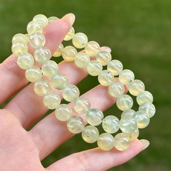 Natural 8mm Prehnite Bracelet, Calming Green Crystal for Stress Releif and Self Love, Special Gift for Her Sent with Canvas Gift Pouch