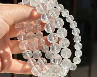 African White Phantom Layered Quartz Bracelet 8/10mm, High Quality Natural Crystals Sent with Canvas Gift Pouch, Special Gift for Her