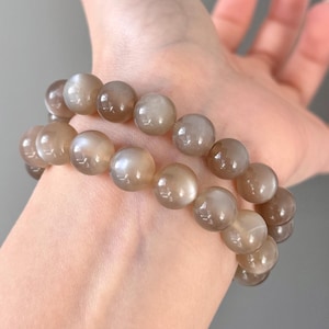 AAA+ Silver Flash Brown Moonstone Beaded Bracelet 8-10mm, Natural Moonstone Crystal, June Birthstone Braclet sent with Canvas Gift Pouch