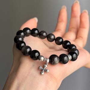 Genuine Black Obsidian Bracelet 10mm, For Strong Protection and Grounding, Handmade with Solid 925 Findings & Charm, Gift for Her or Him