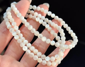 Natural Mother of Pearl Bracelet 4mm, Genuine Iridescent Pearl Shell Stretch Bracelet, Dainty Stacking Jewellery, Bridal Bridesmaid Gift