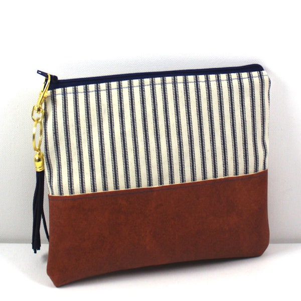 Clutch in Blue and White with Brown Faux and Blue Tassel with Gold Key Ring ,cosmetic bag, essentials bag, tablet bag,