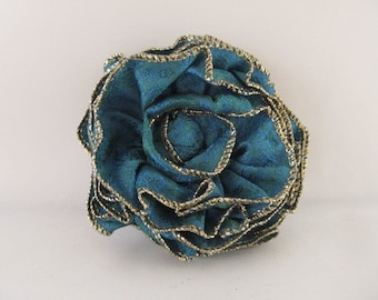 Ribbon Rose Pin-Hair Clip-Brooch-Blue-Teal-Green-Gold