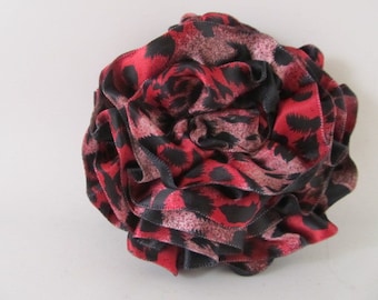 Ribbon Rose Pin-Hair Clip-Brooch-Pink and Black-Satin-Leopard