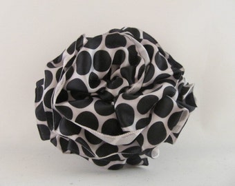 Ribbon Rose Pin-Hair Clip-Brooch-Black and White-PolkaDots