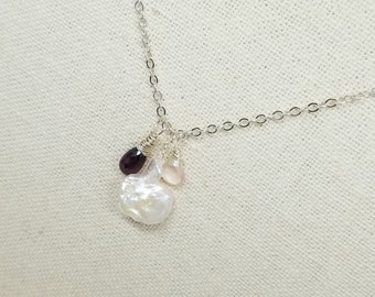 Three Charm Necklace, Pearl Gemstone Multi Charm Necklace, Cornflake Keshi Pearl Garnet Rose Quartz Gemstone Charms, Sterling Silver