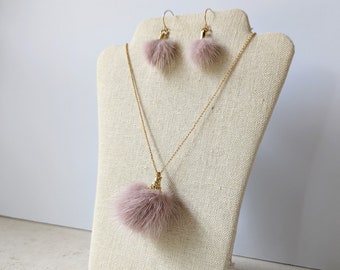 Faux Fur Pom Pom Necklace and Earring Set, Pink Faux Fur Pom Pom Jewelry Set, Fun Long Necklace, Pom Pom Earrings, 14K Gold Fill Rolo Chain