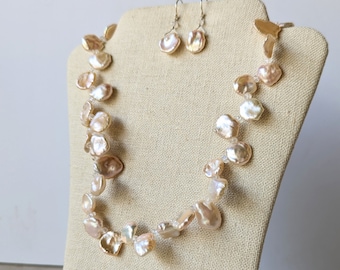 Large Pearl Necklace, Natural Pearl and Moonstone Necklace with Earrings, Cornflake Keshi Hawaiian Natural Pearls, Blush Color Jewelry Set