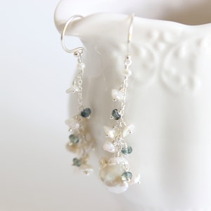 Gemstone Pearl Cascade Earrings, Dark Blue, Pearl Cascade Earrings, Sterling Silver, Delicate Boho Earrings, Tundra Blue Sapphire