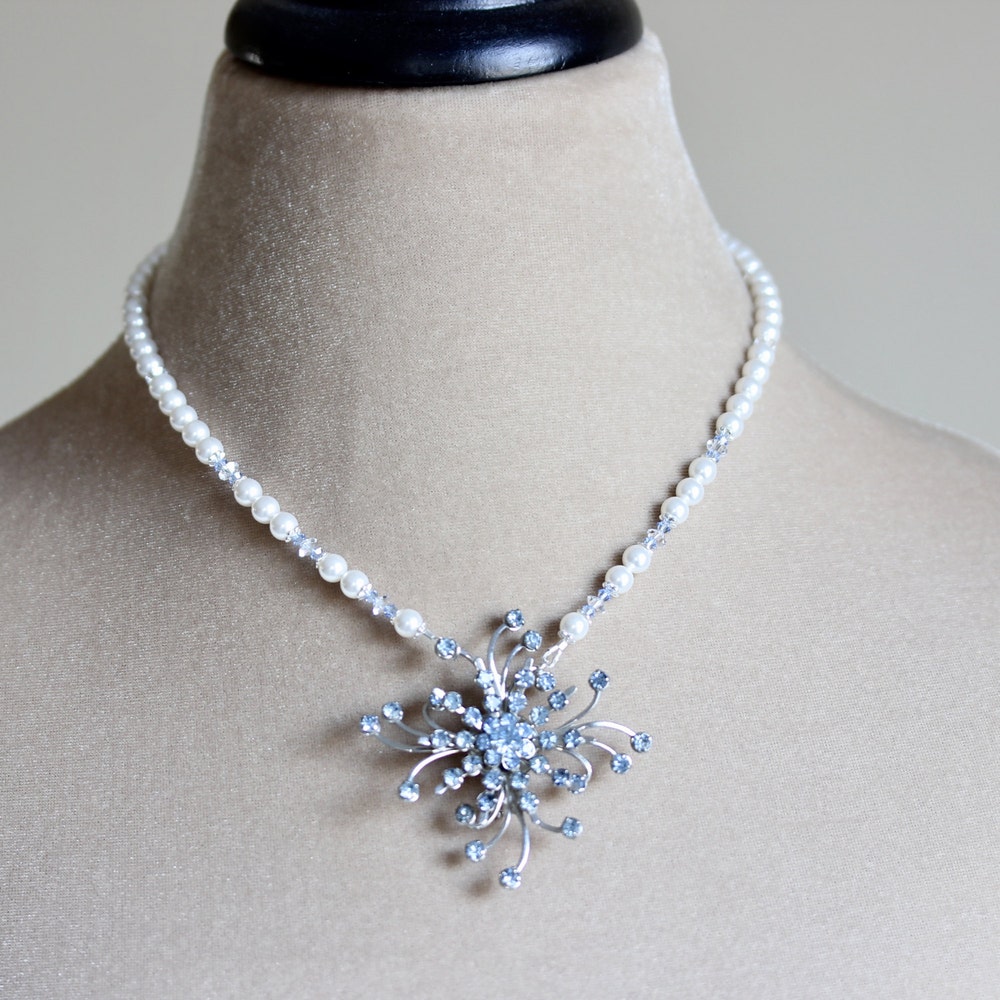 Crystal Brooch Pearl Bridal Necklace Blue Bridal Necklace image 0
