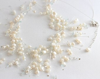 Delicate Pearl Layered Bib Necklace, White, Bib Necklace, Pearl Branch Necklace, Aquamarine Gemstone, Multi Strand Branch Choker, Silver