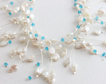 Delicate White Pearl Cluster Necklace, Aqua Blue, Cluster Necklace, Beach Wedding Bib Necklace, Layered Pearl Branch Necklace, Silver