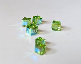 Swarovski Crystal 6mm and 8mm Square Cube 5601, Crystal Beads, Chrysolite AB Color 238, Light Green Rainbow Effect, Four 8mm and Two 6mm