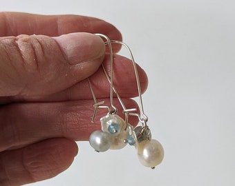 Pearl Cluster Earring, Blue, Silver, Cluster Pearl Earring, Sterling Silver, Blue Sapphire, Gemstone, Bubbles, Keishi Freshwater Pearl