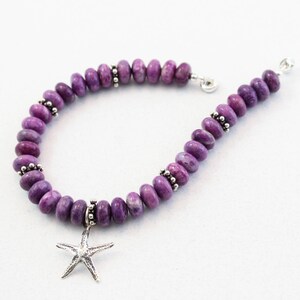 Stacked Gemstone Bracelet, Purple, Gemstone Bracelet, Starfish Charm, Magnetic Clasp, 8 inch, Sterling Silver
