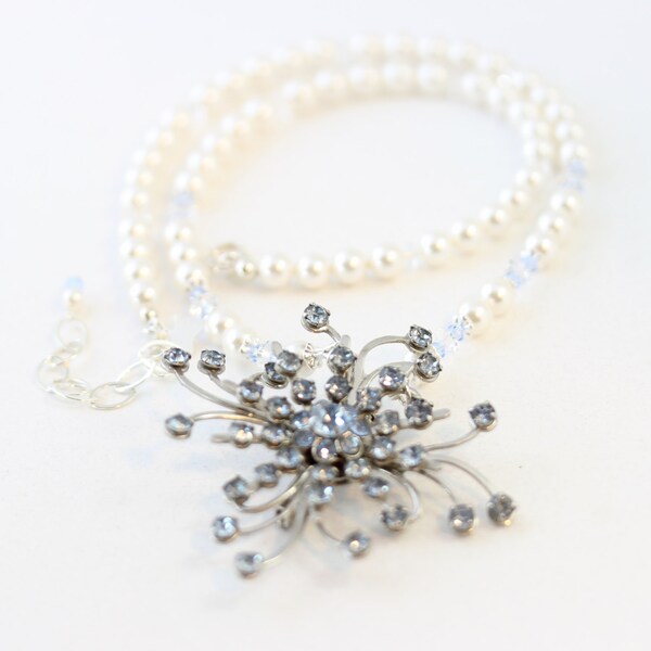 Crystal Brooch Pearl Bridal Necklace Blue Bridal Necklace image 2