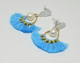 Blue Tassel and Pearl Earrings, Sterling Silver and Tassel Earrings, Aqua Silk Tassel Boho Earrings, Fan Shaped, Tassel Drop Earrings
