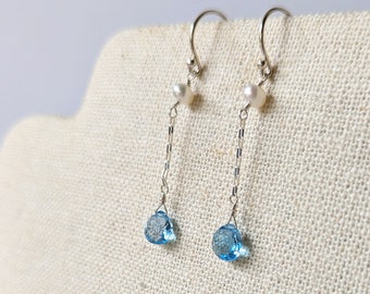 Delicate Blue Topaz with Freshwater Pearl Dangle Drop Earrings, Gemstone and Pearl Earrings, Sterling Silver Ear Wires