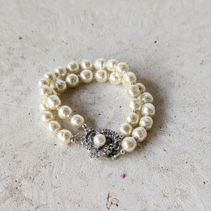 Double Strand Pearl Bracelet, Pearl Bracelet, Rhinestone and Pearl Box Clasp, Japanese Faux Pearl Bracelet, Average Size Wrist, Gift for Her