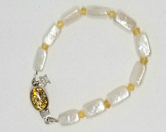 Pearl Gemstone Bracelet, Rectangular Pearls and Citrine, Art Glass and Sterling Silver Box Clasp, Dainty Bracelet, Average Size Wrist